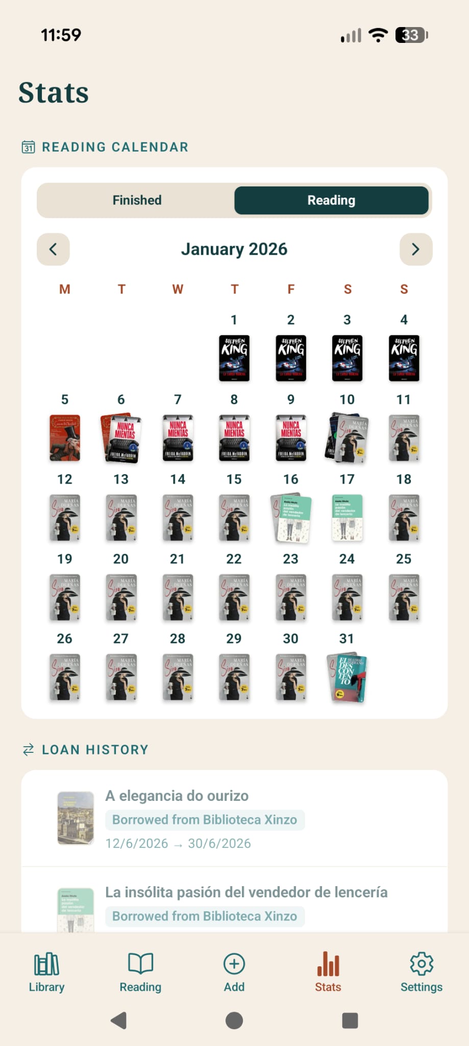 Reading calendar with book covers